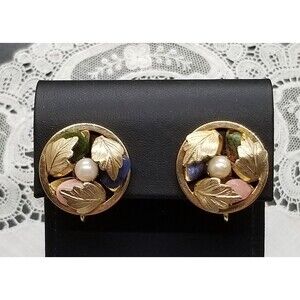 Sarah Coventry 1967 Clip Earrings "Flowered Circle" Gold Tone Faux Pearl/Stones